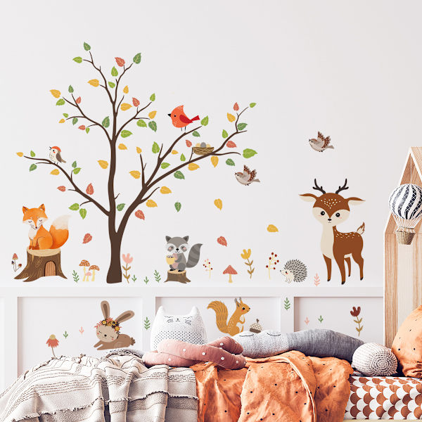 Woodland Wall Decals Animals Tree Owl Fox Deer Wall Stickers Barnrum Baby Nursery Väggdekor