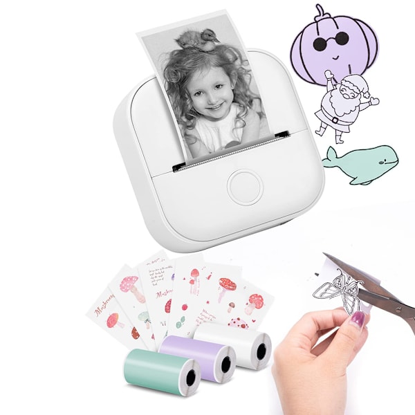 Mini etikettskrivare T02 Bärbar liten skrivare med 3 rullar papper, klistermärkesskrivare för studier, anteckningar, bilder, foton, dagböcker, DIY, kompatibel