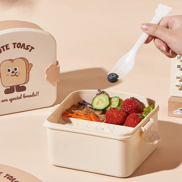 Khaki Toast Pattern Lock Barn För Barn Bento Box Cartoon Look Divider Matlåda Skola Bärbar Lunch Förvaring Låda