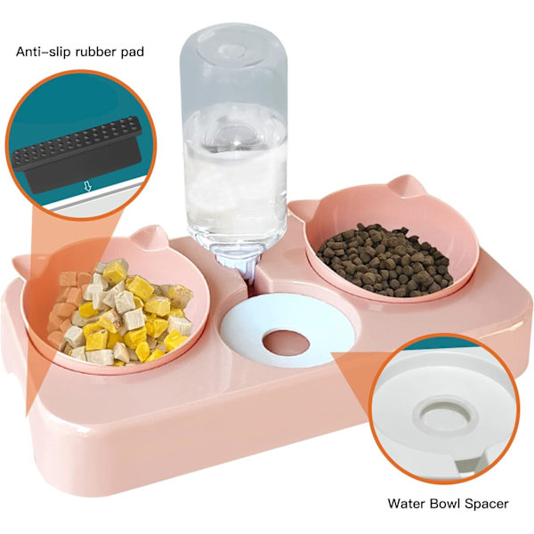 Kattmatskålar, Husdjursskål, Husdjursskål, Kattskål för vatten och mat 3 i 1 Automatisk Vatten Dispenser Perfekt Lutande Skyddande Hals för Katt och Hund (Rosa)
