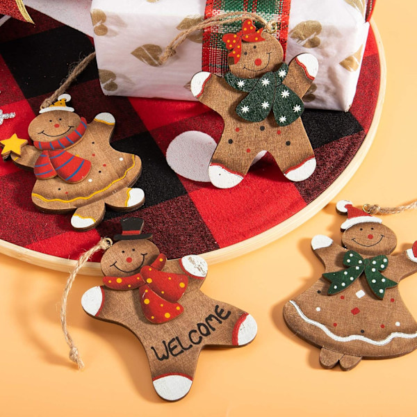 Pepparkaksgubbe Ornament, Perfekt för Familjetid, Julgransdekorationer i Trä med Blandade Figurer, Bedårande Handflatstorlek (8 st)