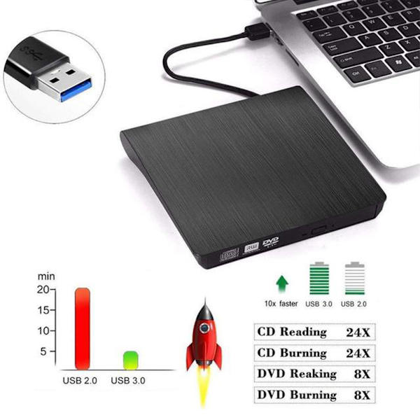 Ekstern CD DVD-drev, USB 3.0 Bærbar CD DVD +/-RW Drev Slank