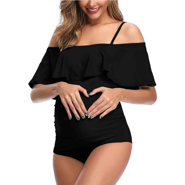 Svømmedrakt for gravide med off-shoulder, volanger og blomstermønster
