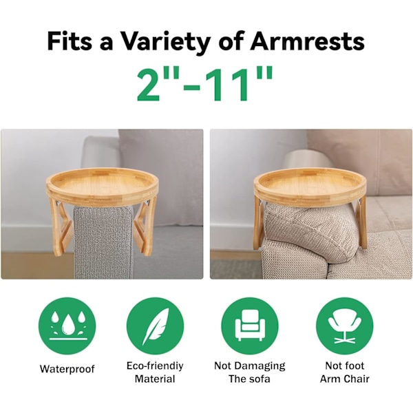 Hopfällbart soffbord i trä med klämmor, vattentätt soffbord i bambu, soffarmstöd, klämbart brickbord för