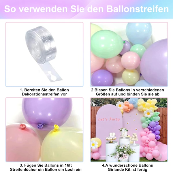 262 macaron daisy ballongsett - 6 farger 156 macaron ballonger i tre størrelser + 5 daisy ballonger i to størrelser + 100 ballongprikklim + en ballongkjede