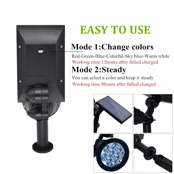LED Solcellslampor för Trädgård Spotlight Automatisk Färgväxling 7 Färger Solcellslampor Utomhus för Gård Uteplats Gräsmatta Belysning Vattentät 1PCS