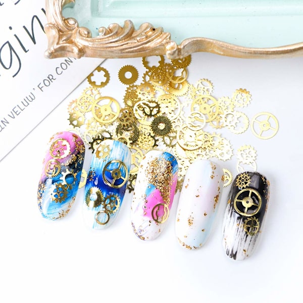 Boks-pakket (ca. 100 stk.) Ultratynde 3D Punk Time Gears Neglebeslag Neglekunst Dekorationer Legering Manicure DIY Negletips