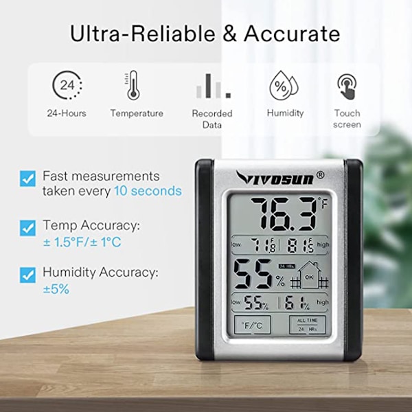 Hygrometer Termometer för Inomhus Utomhus, Exakta Data Trådlös Pekskärm Monitor med Bakgrundsbelysning, Lämplig för Källare Kök Trädgårdar, Batteri