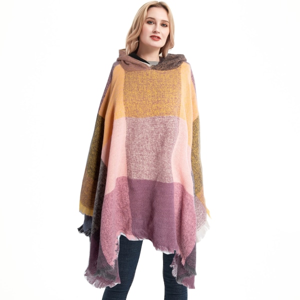 Dame Plaid Hættekappe Sjal Tæppe Poncho Hætte Kappe