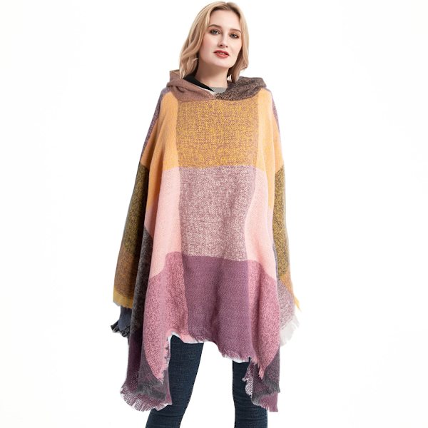 Kvinnors Rutig Huva Cape Sjal Filt Poncho Hoodie Cape