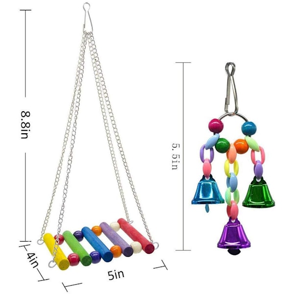 8-pack fågelgunga tuggleksaker - papegojgunga klockleksaker lämpliga för små parakiter, nymfkakaduor, conures, finkar, undulater, aror, papegojor, kärlek
