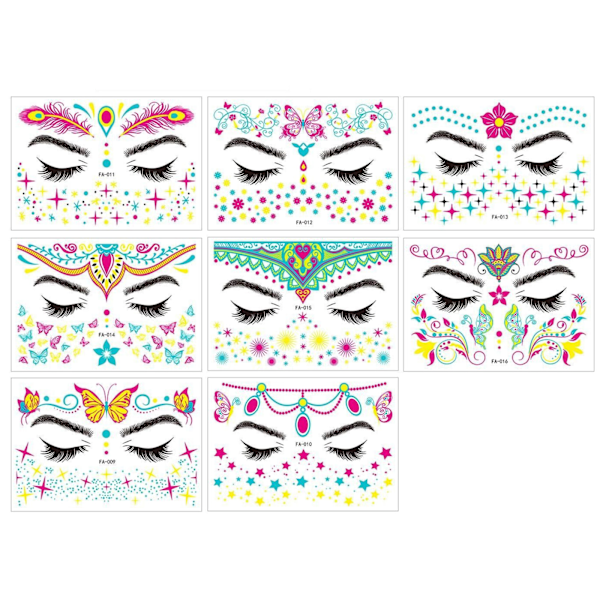 8 st Självhäftande Ansiktsstickers Glitter, Festival Ansiktsstickers Tatuering Stickers Set, Ädelstenar Glitter Rave Party Kropp Temporära Tatueringar för Ögon Ansikte