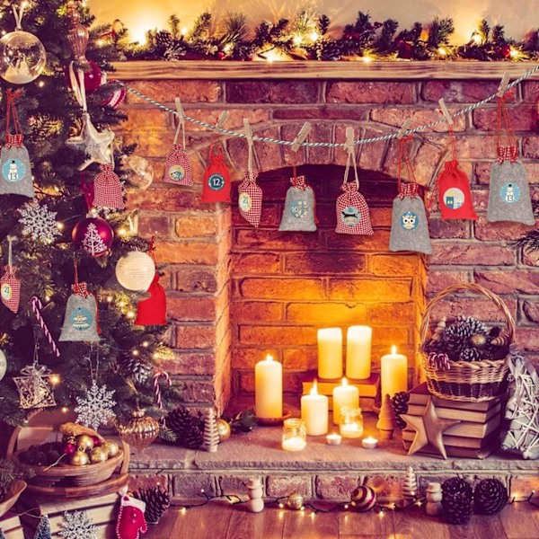 Julnedräkningspåsar, dragskopåsar för hållbar material adventskalender, kreativ nedräkningsceremoni idealisk för hemfestdekoration (24