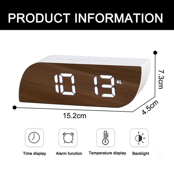 Digital Vekkerklokke Speiloverflate - Dimmer Nattmodus, Stor LED-siffervisning, Enkel Snooze White