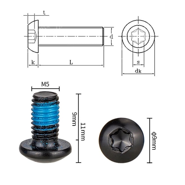 12 stk. fargede bremseskiver skivebremseskruer Disc T25 Torx M5 x 9 mm MTB