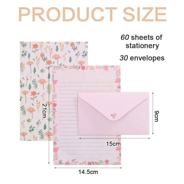 Lined Stationery Paper and Envelopes Set, for Cards, Birthday, Weddings, Graduations, 30 envelopes and 60 paper