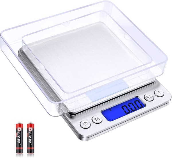 Digital matvekt, pålitelig nøyaktighet mini lommevekt med motedesign, tarafunksjon for matlaging, baking, urteveiing (2 brett, batterier