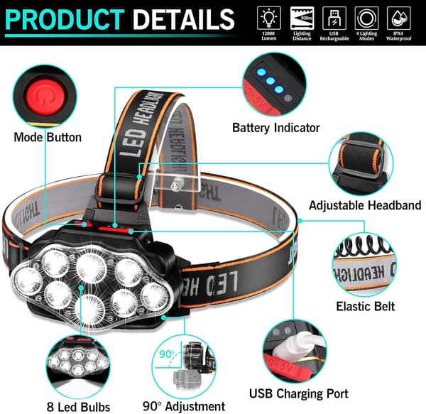 LED Hodelykt, Supersterk 8 LED Hodelykt USB Oppladbar Vanntett