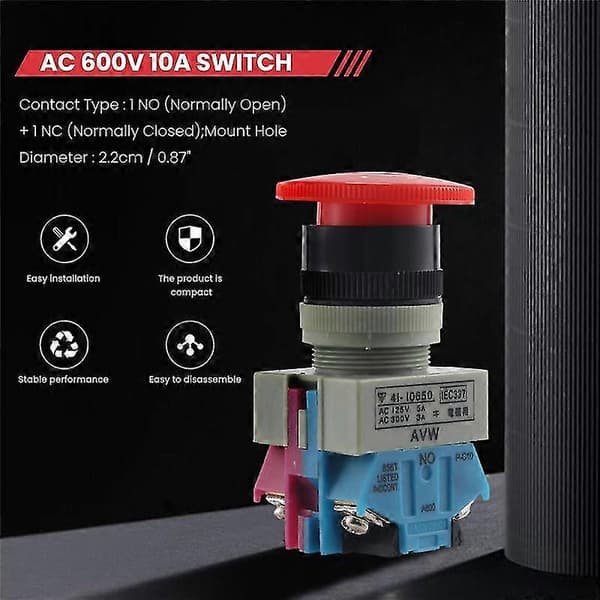 AC 600V 10A Röd Svamp Nödstopp Tryckknapp Strömbrytare 22mm NO NC