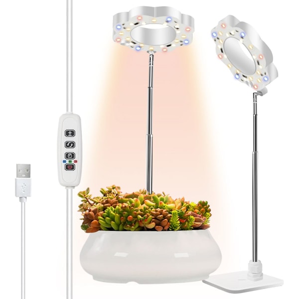 Växtlampor för små inomhusväxter, varm+vit 48LEDs fullspektrum växtlampa, höjdjusterbar med 5V 2A adapter, 3/9/12H timer, 3 spektral