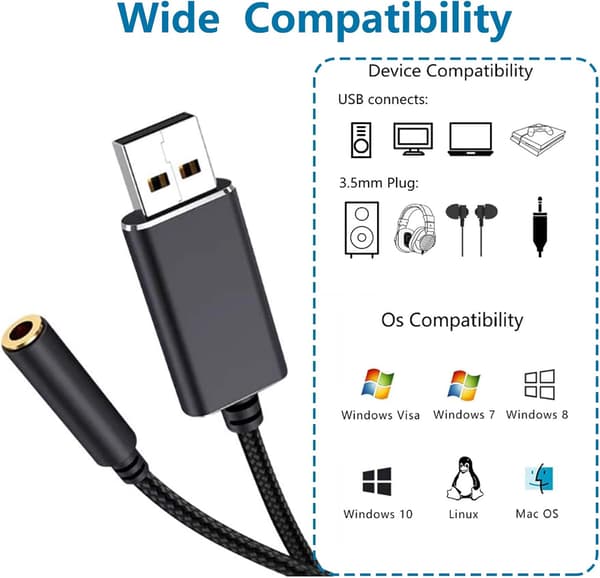 Lydadapter, robust metalhus USB til 3,5 mm jackstik, stereolydkort til pc, bærbar, stationær, plug & play multifunktionel hovedtelefonadapter