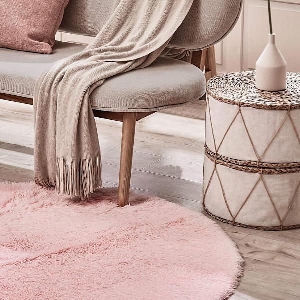 Blush Rund Teppe til Soverom, Fluffy Sirkelteppe 140cm til Barnerom, Pussete Teppe til Jenterom, Shaggy Sirkel - Rosa