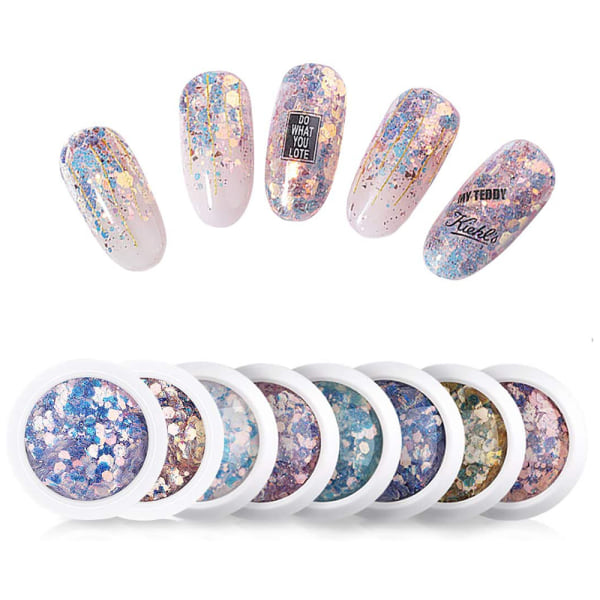 Micup Holografisk Nagelkonst Dekal Kit Iridescent Nagelpaljetter Sjöjungfru Färgglada Flakes Glitter Makeup för Nagel Ansikte Kropp Ögon - 8 Färger