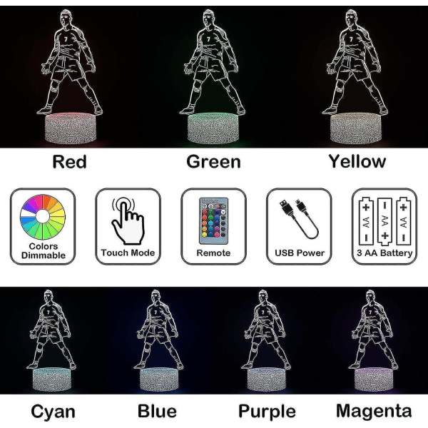 Portugalin jalkapalloilija Ronaldo #7 Yöpöytälamppu pojille, 16 väriä vaihtava himmennettävä kaukosäätimellä Jalkapallo sisustus, pöytälamppu jalkapallofaneille lapsille T