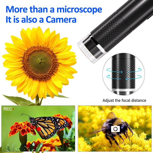 Trådlöst digitalt mikroskop, bärbar handhållen fickmikroskopkamera med 8 justerbara LED-kompatibel