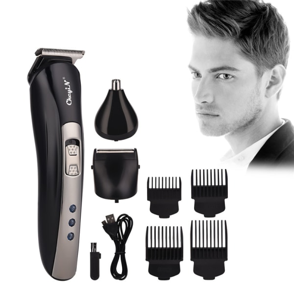3-i-1 elektriska hårklippare, hårklippare, skäggtrimmer, hårklippare, nästrimmer, skägghyvel, uppladdningsbar, med 4 ramkammar