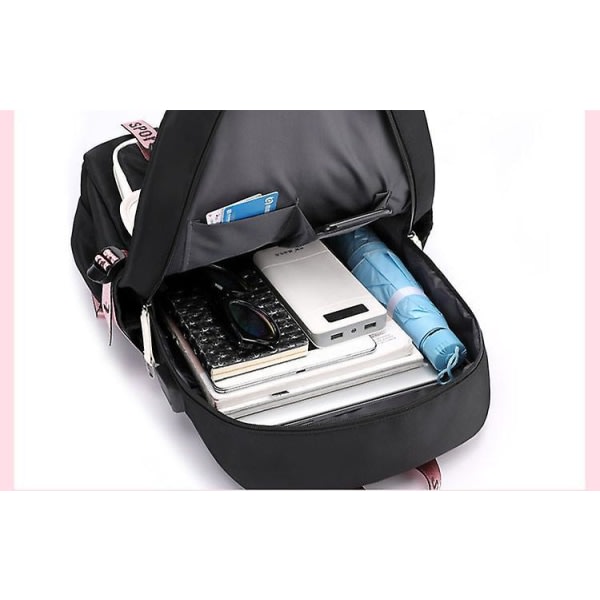 Svartrosa ryggsäck Laptopväska Skolväska Bokväska med USB laddning och hörlursport stil 4