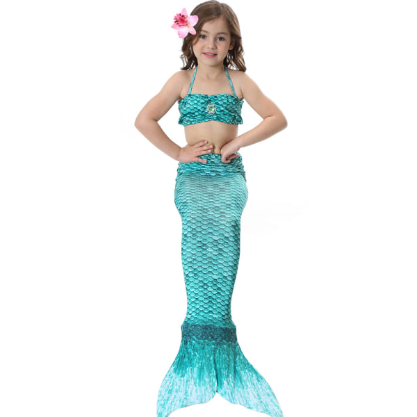 3st Kid Girls Mermaid Tail Set Holiday Badkläder Baddräkt mörkgrön 110cm