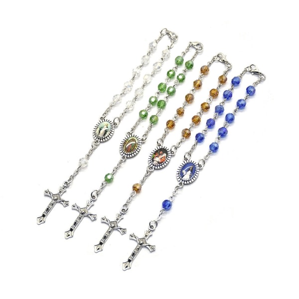 Christian Jesus krucifix för kors Rosenkrans pärlor Armband Charm Link Chain Armband för kvinnor Flickor Födelsedagspresent Blue