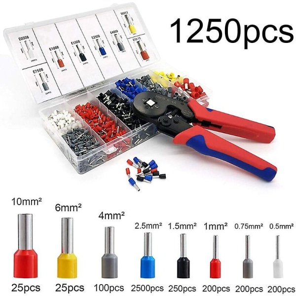 Krimptang med 1250 crimpkontakter 0,25 mm til 10 mm for crimpverktøyterminaler av elektriker tang, verktøy, elektriske terminaler