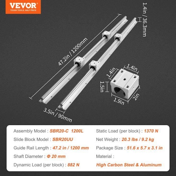 2ST lineær styreskinne SBR20 1200 mm - VEVOR - 4ST lagerblokk SBR20UU