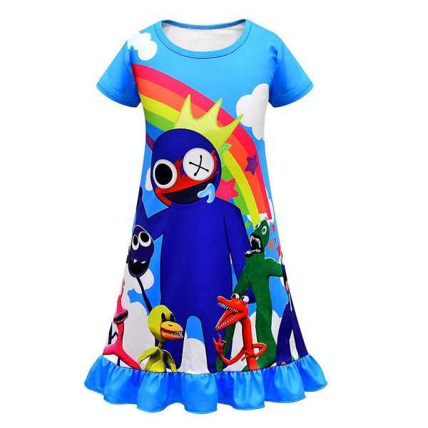 Barn Flickor Roblox Rainbow Friends Printed Pyjamas Pjs T-shirt Klänning Casual Summer Ruffle Nattlinne Blå 6-7Y