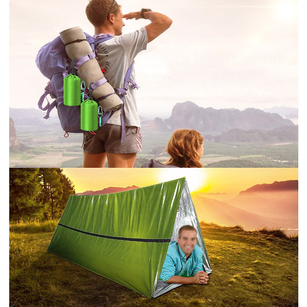 2-pack nödsovsäckar, lätta överlevnadssovsäckar, multifunktionell livräddningsutrustning för vandring, camping, utomhuslivräddningsutrustning, grön