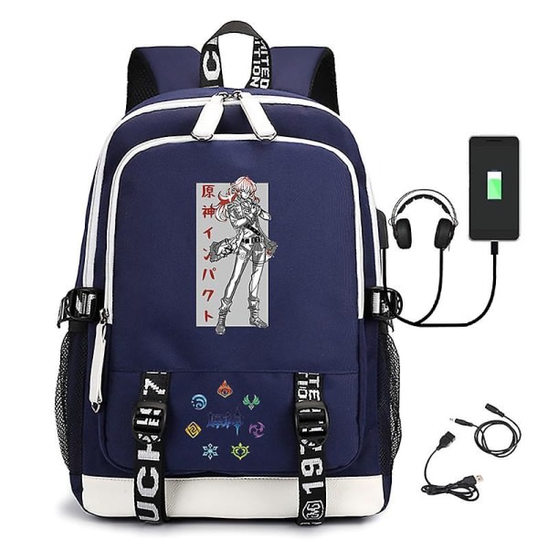 Genshin Impact Printed USB ryggsäck Casual Student School Bag 4 Blue