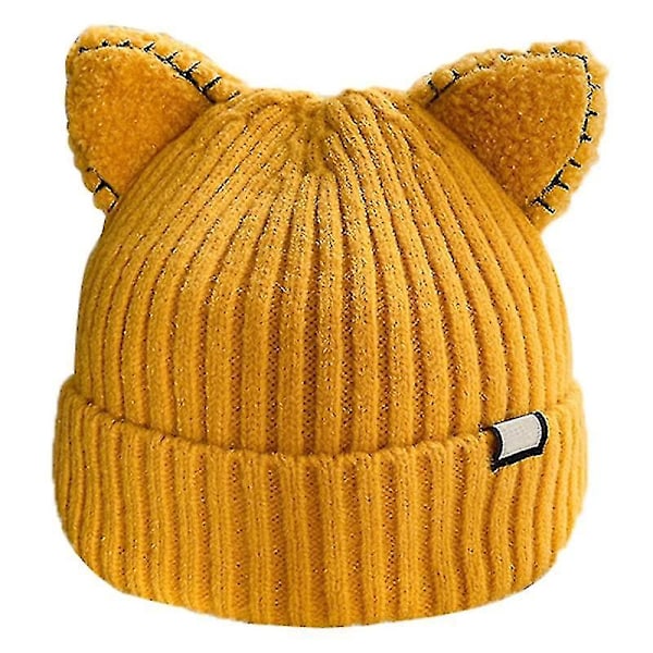 Kawaii Katteøre Hue Sød Ensfarvet Varmt Uld Strikket Hue Efterår Vinter Beanies Yellow