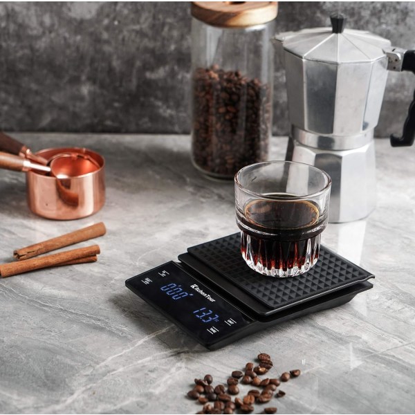 Kaffevåg med timer 3 kg/0,1 g espressovåg med hög precision häll över dropp med bakgrundsbelyst LCD-skärm (batterier ingår)