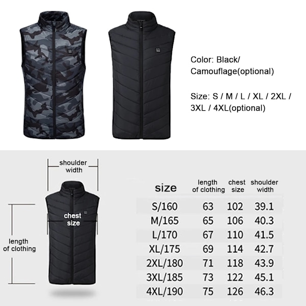 9 Zoner Varmevest Vinter Elektrisk Varmevest Vaskbar Varmejakke Termisk Jagtvest Vintervarmejakke Camouflage Camouflage 4XL