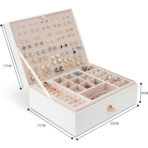 Smyckeskrin Organizer för halsband Örhängen Armband Ringar, stort PU-läder smycken case med 3 stapelbara lager (vit)