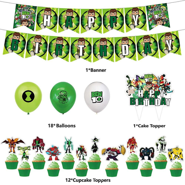 Ben 10 Tema Barn Grattis på födelsedagen Festtillbehör Banner Ballonger Kit Tårta Cupcake Toppers Dekor Set-Xin