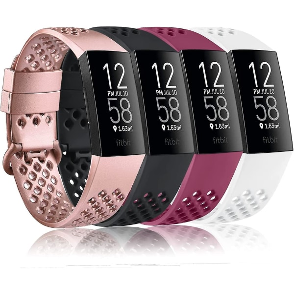 4-pack sportband kompatibel med Fitbit Charge 4-band och Fitbit Charge 3-band silikonersättningsarmband för kvinnor och män (liten, roséguld/bl(