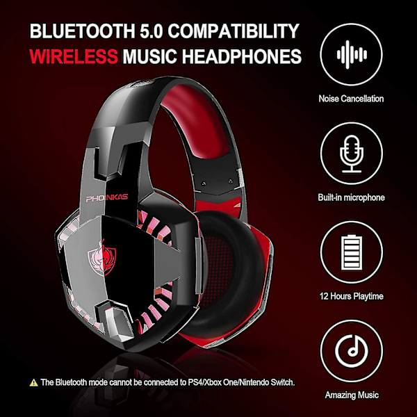 Trådløse Bluetooth-hodetelefoner med mikrofon, PS4 Gaming Headset for PC, Xbox One, Ps5