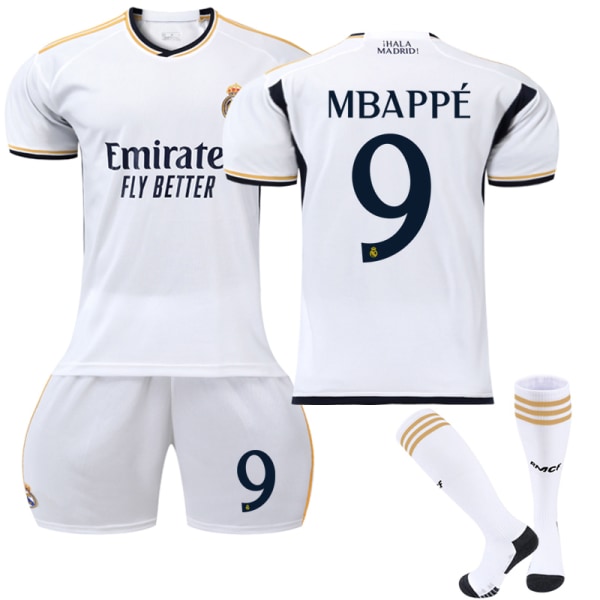23-24 Real Madrid Hjemme Fodboldtrøje Kit Med Strømper Nr 9 Mbappé Adult M