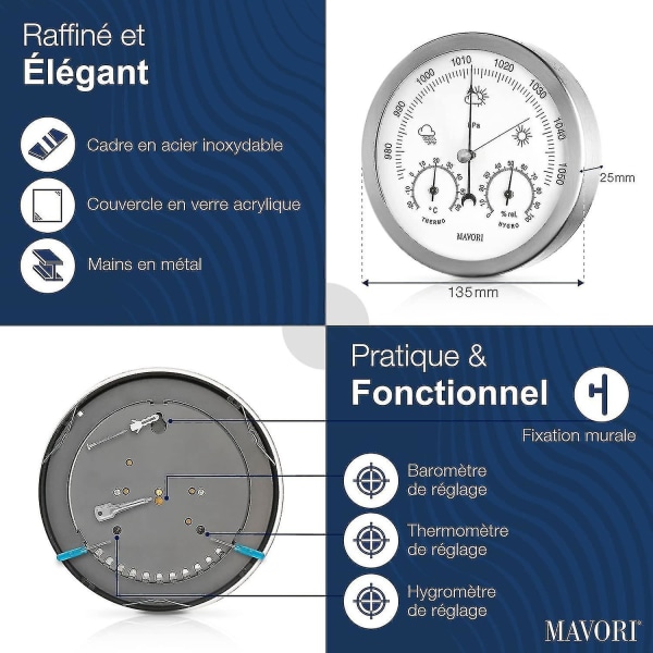 Analog innendørs/utendørs værstasjon, rustfritt stål - Inkluderer barometer, hygrometer og termometer  (FMY)