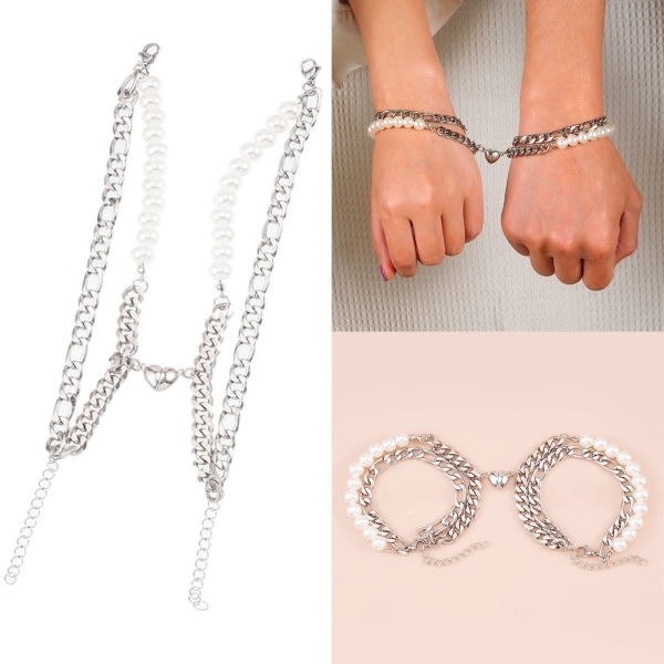 2st Pearl Rostfritt stål kedja kärleksmagnet för titanstål par armband Hjärtformat magnet armband för kvinnor