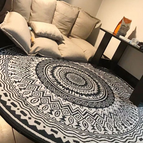 Rund Matte 100cm Svart Mandala Myk Badmatte Sklisikkert Vaskbar Accent Kast Fuzzy Gulvmatte for Entré Stue Soverom Barnerom