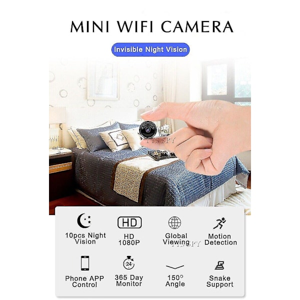 Mini kamera 1080p HD Wifi Video CCTV IP Cam Fjern Nattesyn Bevægelsessensor Jst (Sort)